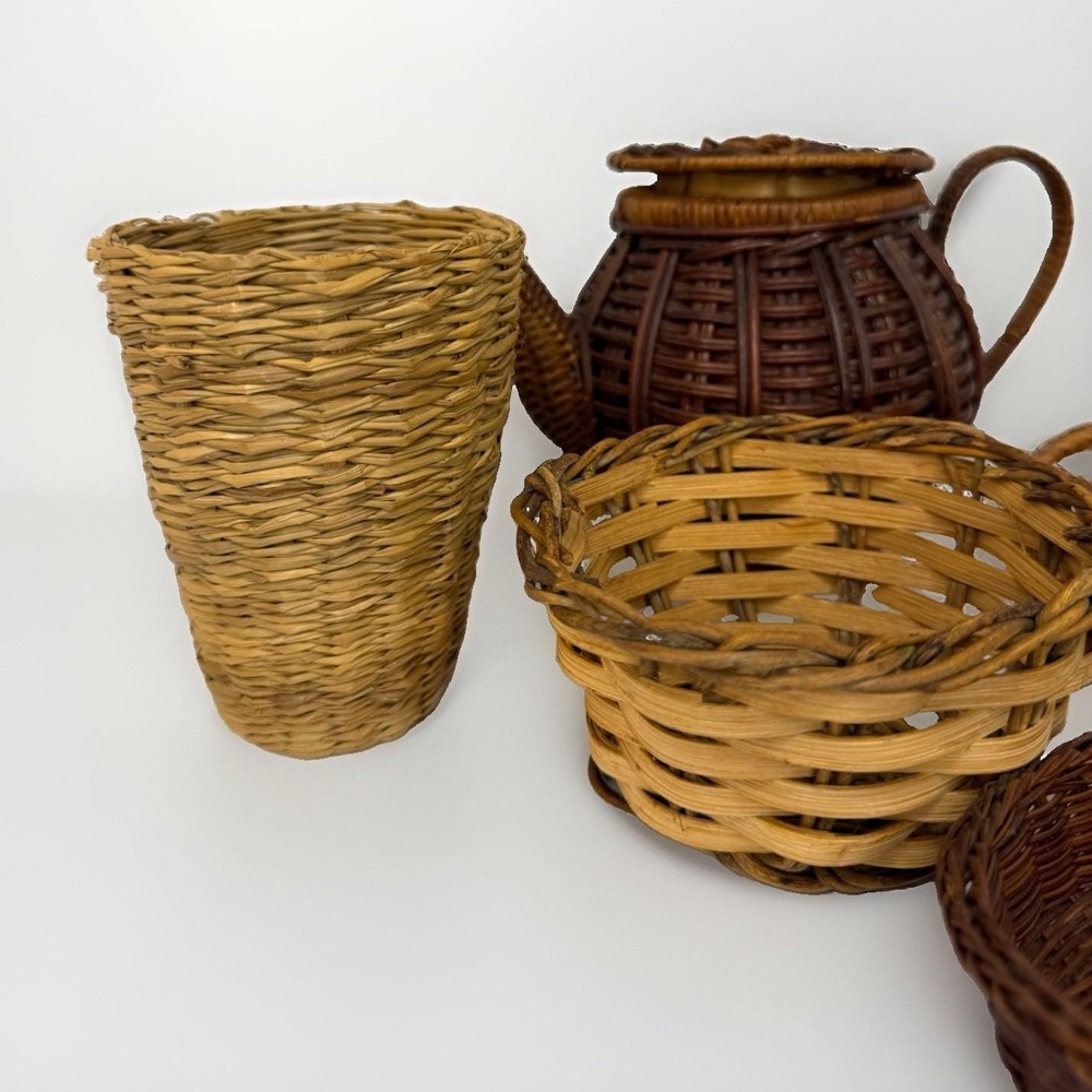 Lot of 6 Vintage Rattan,Wicker, Bamboo Handmade Baskets Boho Cottage Decor - Picture 3 of 16